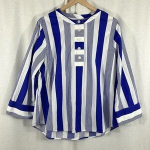 J. Crew Poplin Button Front Stripe Tunic Top Blue White Womens Size L